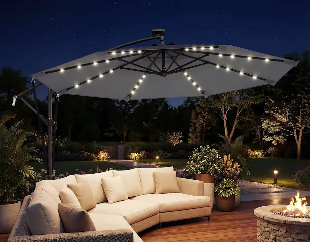 Parasol Déporté Parasol de Jardin LED Solaire LED Manivelle - 330x295x245cm Métal Gris foncé fr326