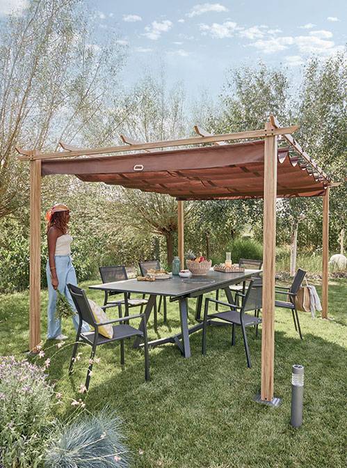 Tonnelle 3x4m toit coulissant alu effet bois ECLOZ