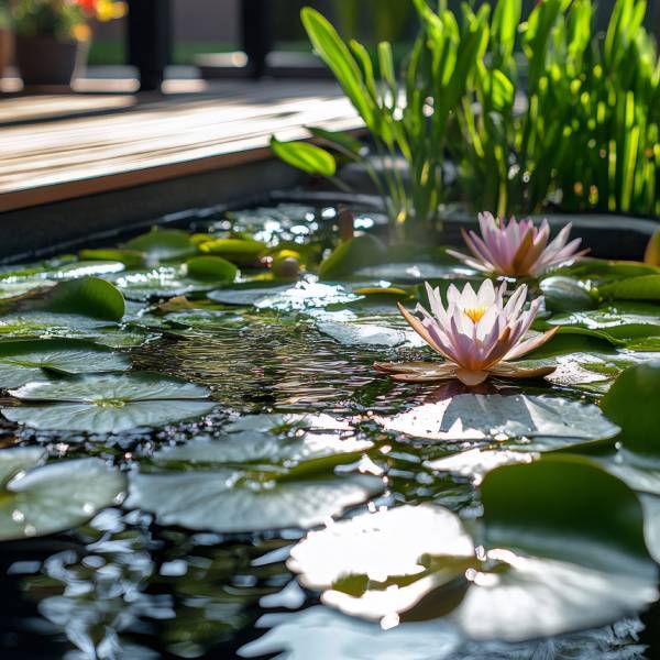 Nénuphar en fleur rose dans bassin de terrasse
