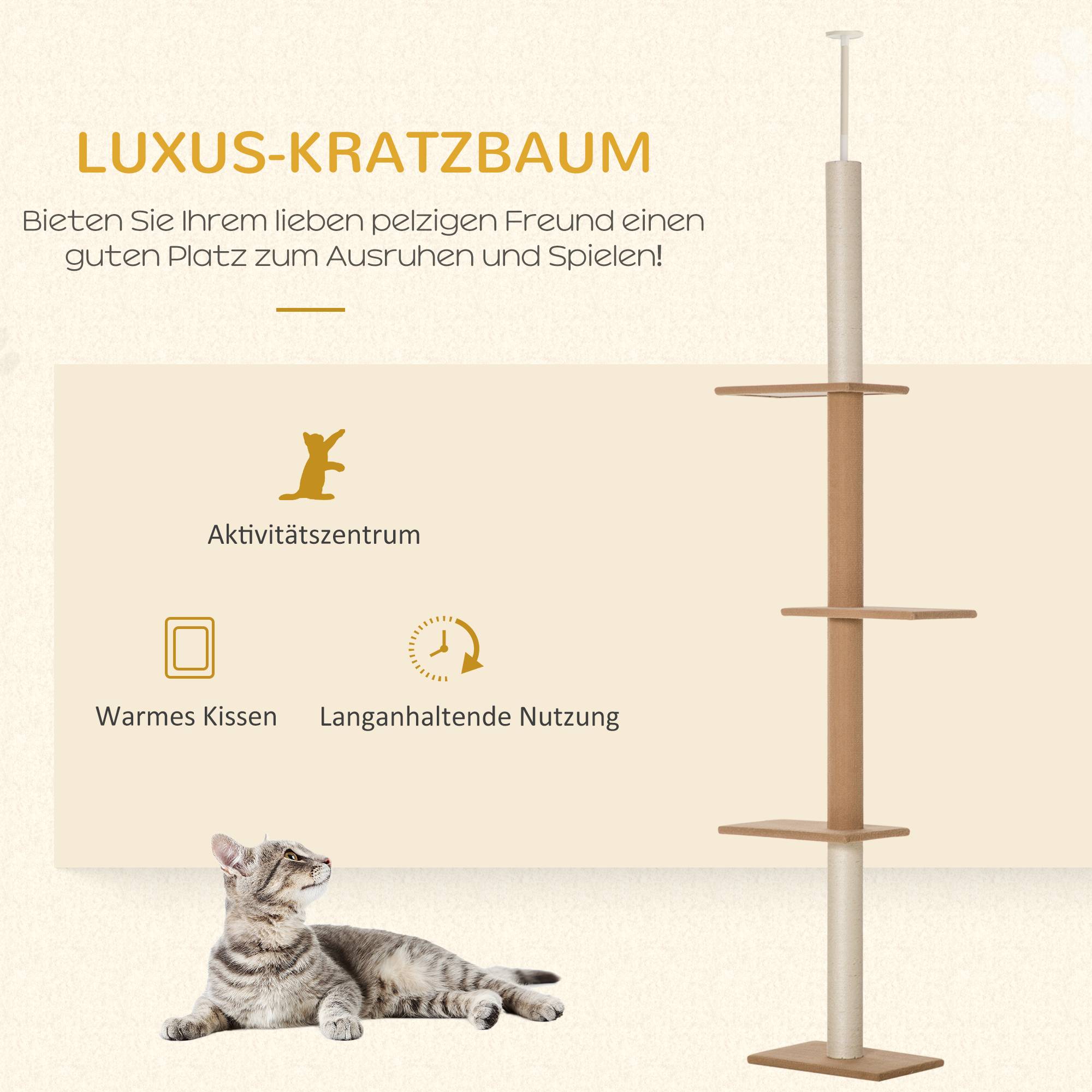 Arbre à chat sol-plafond réglable 228-260cm, couleur kaki pour le jeu des chats - Image 4