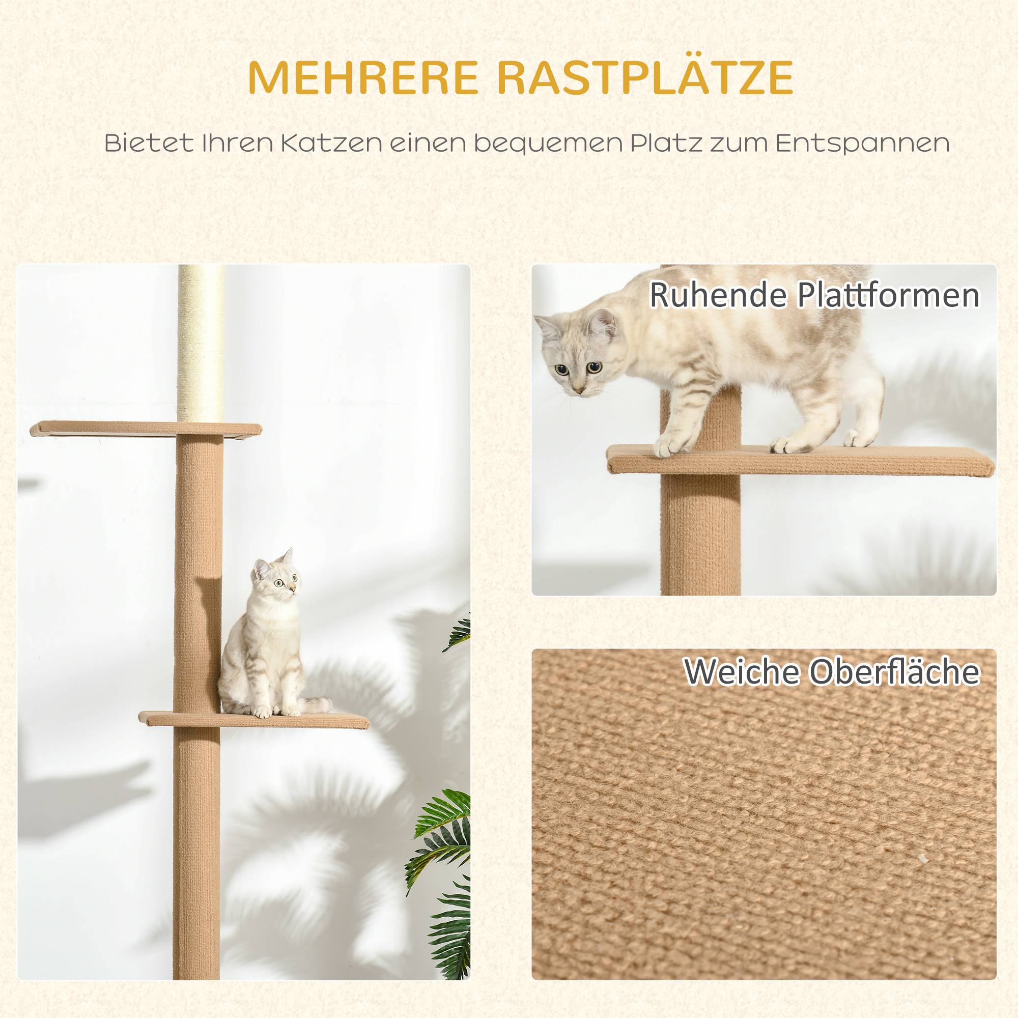 Arbre à chat sol-plafond réglable 228-260cm, couleur kaki pour le jeu des chats - Image 6