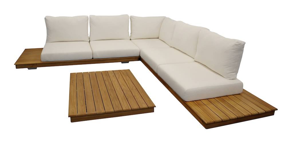 Proloisirs - Set salon bas NEWCASTLE – 1 canapé d’angle + 1 table basse – Teck / Blanc