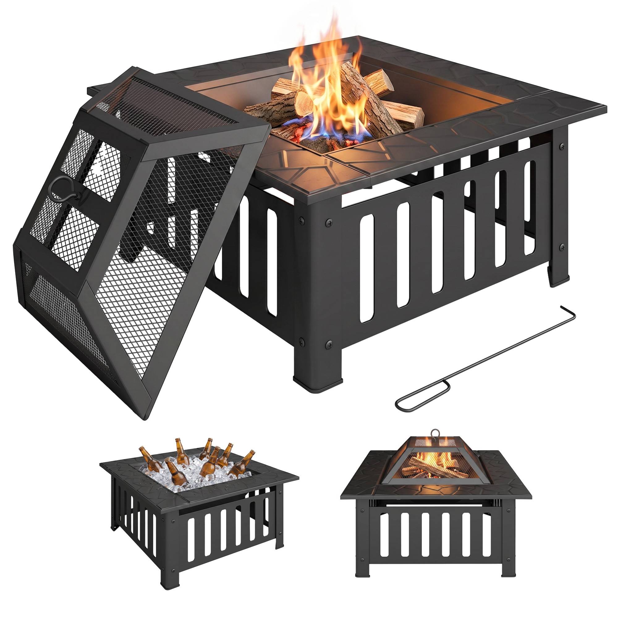 Sans Marque - Brasero/brasero en acier avec pare-étincelles et tisonnier pour barbecue et camping, 67 x 67 x 47 cm, noir - Image 1