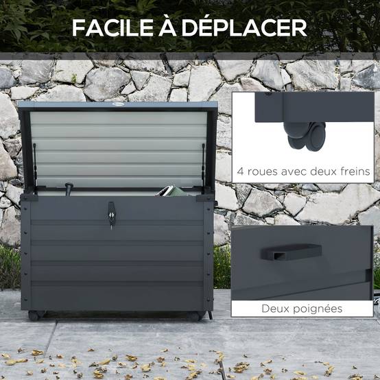 Outsunny - Coffre de rangement extérieur 295L - vérin à gaz, roulettes et poignée - en acier galvanisé - 100 x 62 x 65 cm - gris - Outsunny - Image 4