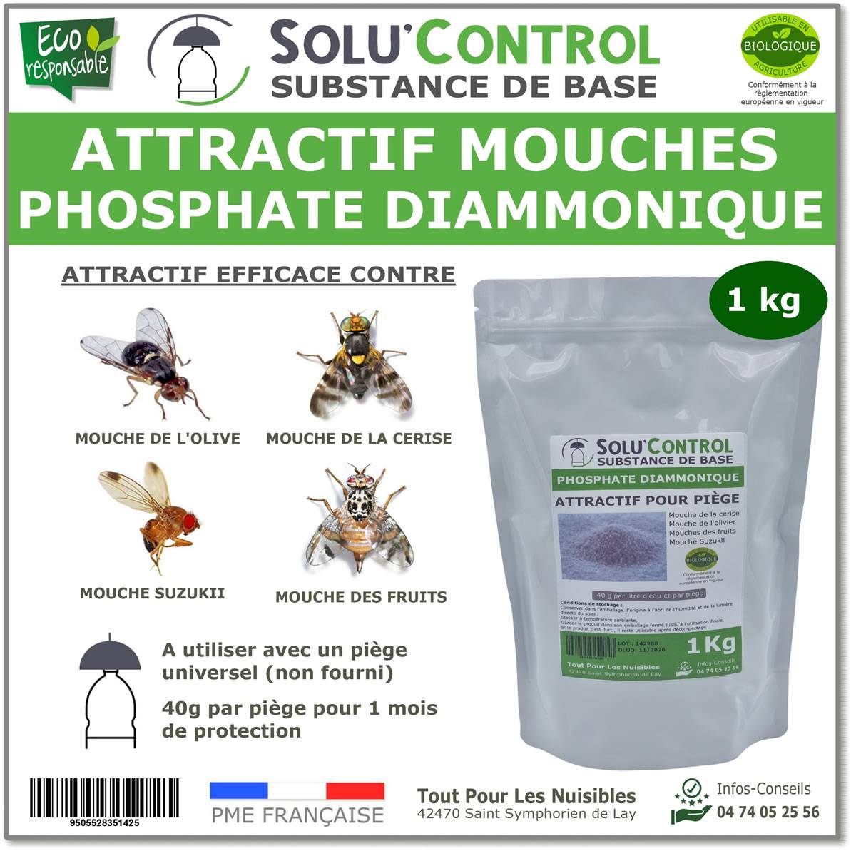 SOLU'CONTROL - Phosphate Diammonique, appât naturel contre les mouches des fruits - Sac de 1 kg - Image 1
