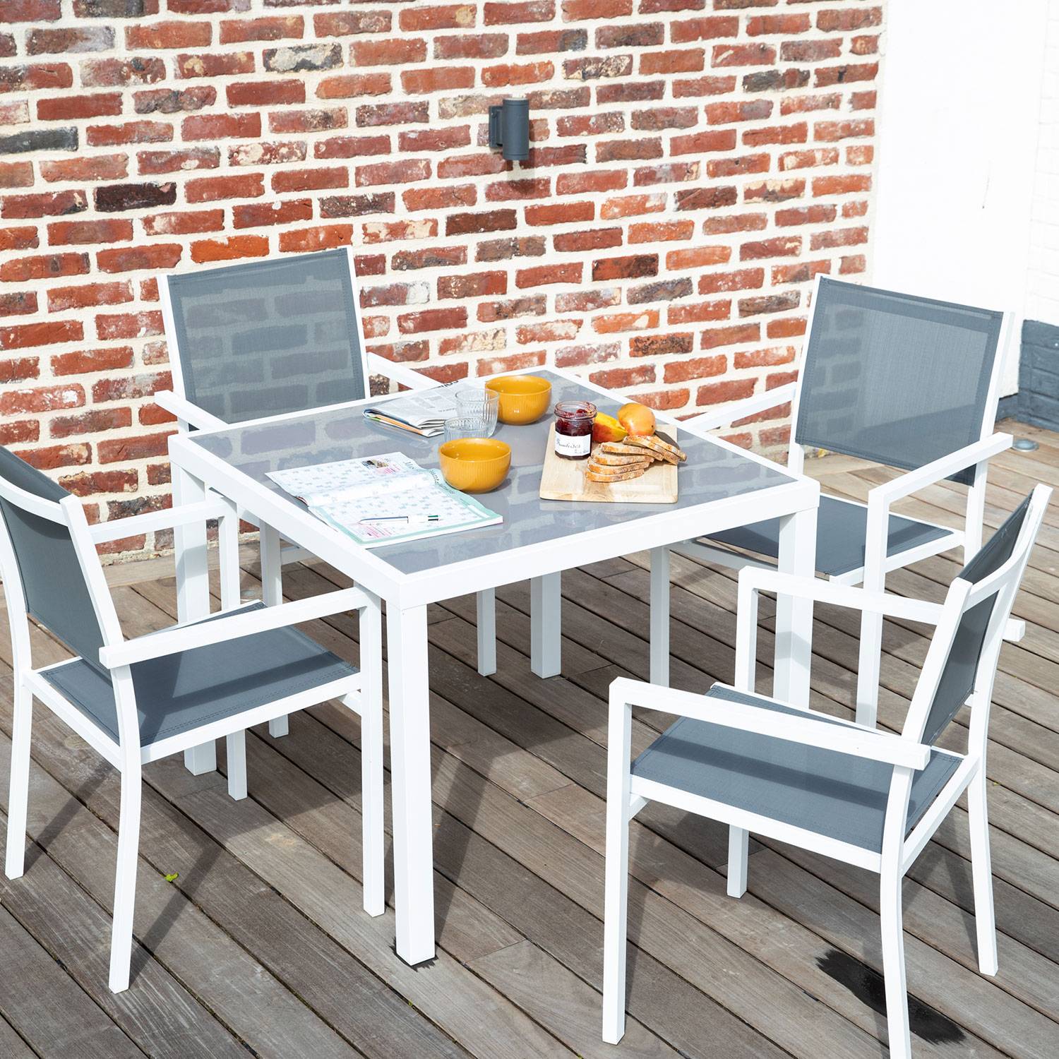 Happy Garden - Salon de jardin BERGAMO en textilène gris 4 places - aluminium blanc - HAPPY GARDEN - Imagen 5