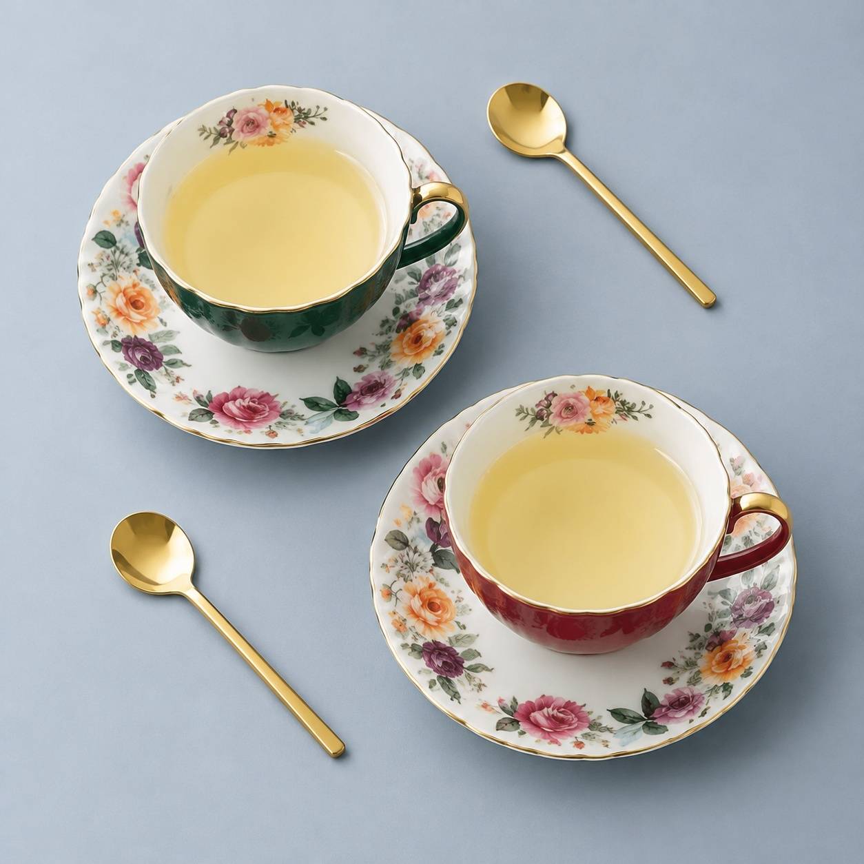 Tasses à Café Porcelaine avec Sous-tasses et Cuillères Set de 2 Fleurs Doré - Image 4
