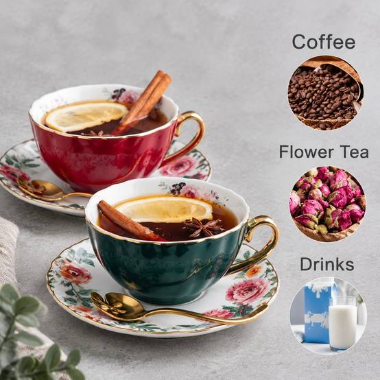 Tasses à Café Porcelaine avec Sous-tasses et Cuillères Set de 2 Fleurs Doré - Image 6