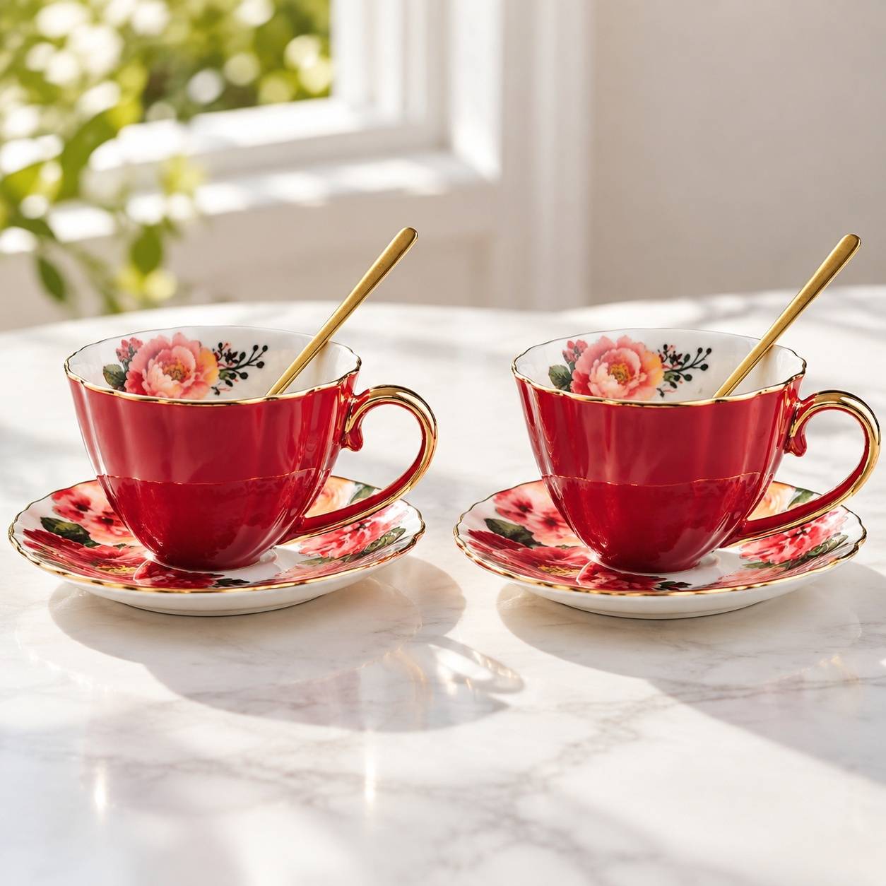 Tasses à Café Porcelaine avec Sous-tasses et Cuillères Set de 2 Fleurs Doré - Image 2