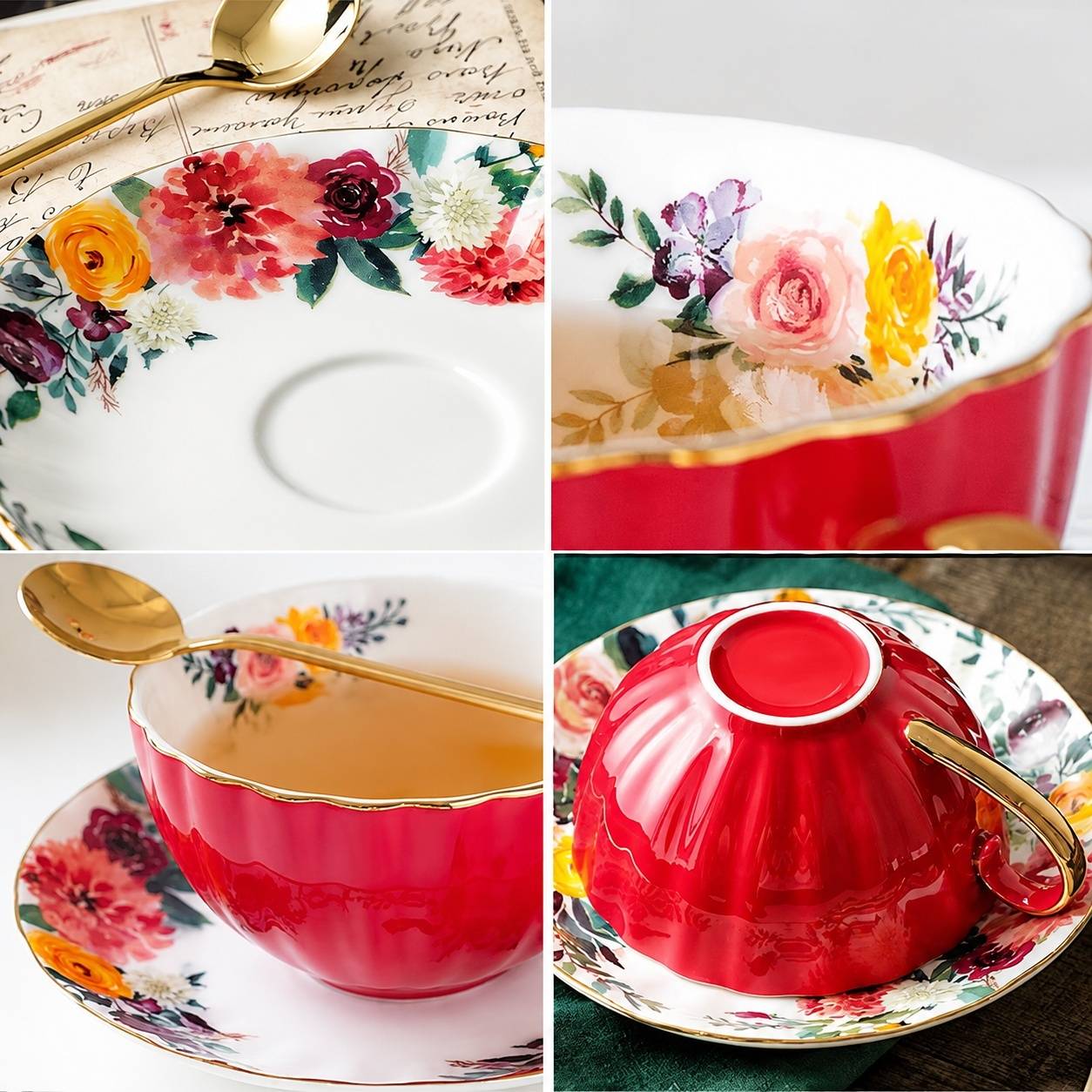 Tasses à Café Porcelaine avec Sous-tasses et Cuillères Set de 2 Fleurs Doré - Image 3