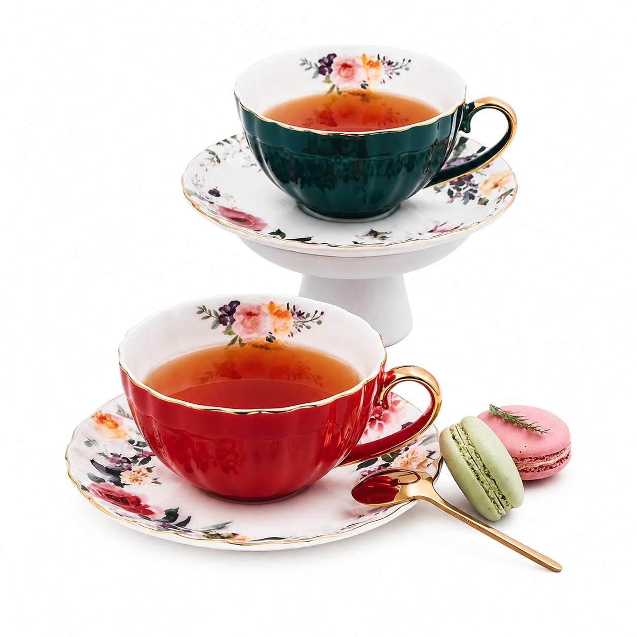 Tasses à Café Porcelaine avec Sous-tasses et Cuillères Set de 2 Fleurs Doré - Image 1