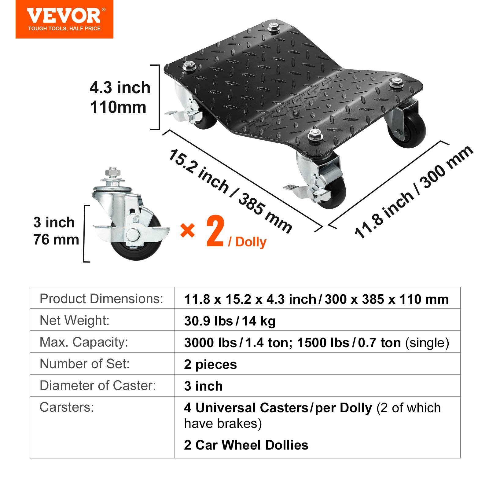 VEVOR 2PCs Chariots de Manutention de Voiture Déplace Véhicules Charge 1400 kg - Image 7
