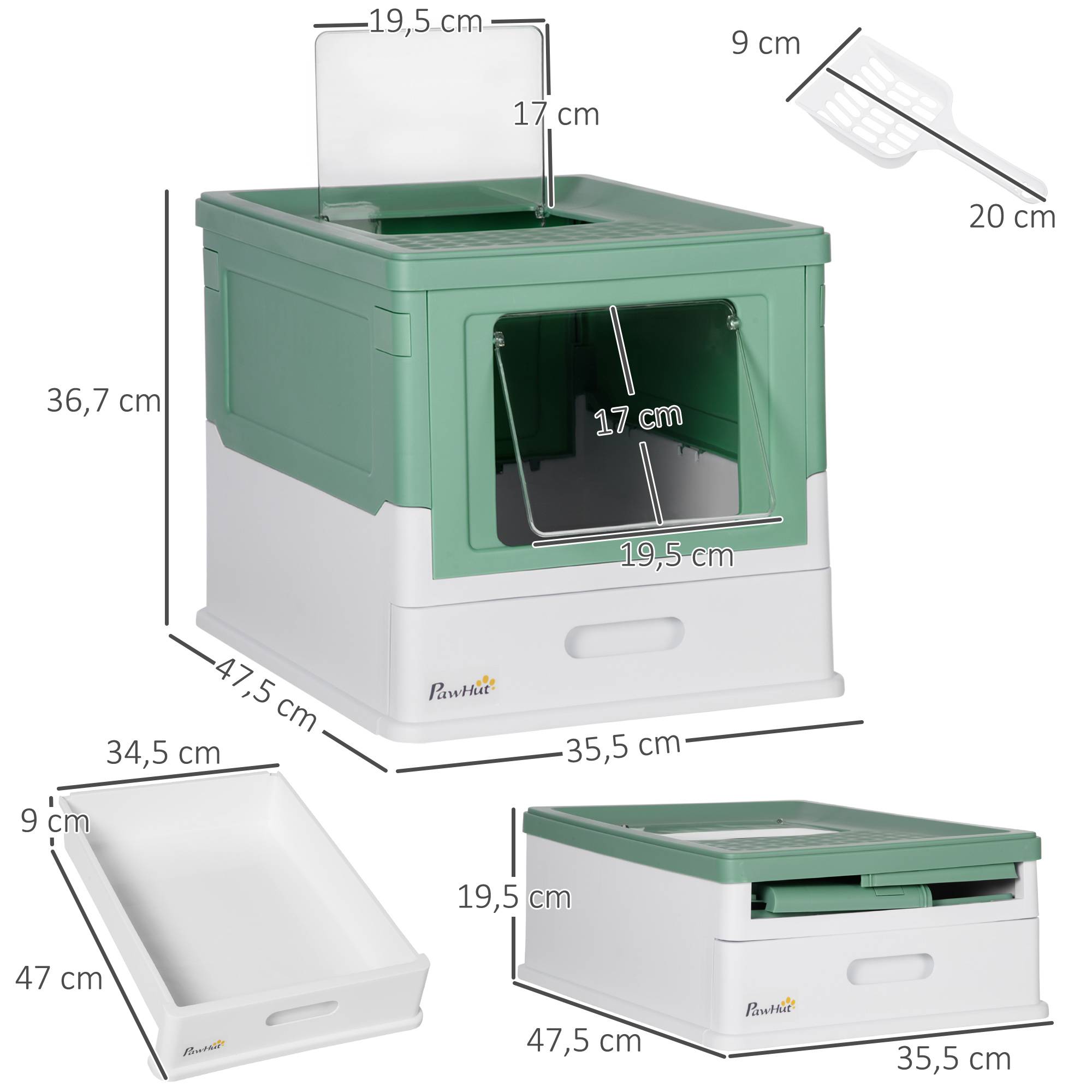 Litière couverte amovible entrée avant sortie haute pelle 47,5x35,5x36,7 cm vert et blanc - Image 5