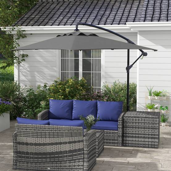 Parasol de jardin déporté avec base en croix et ouverture à manivelle, 294x193 cm, gris - Image 3