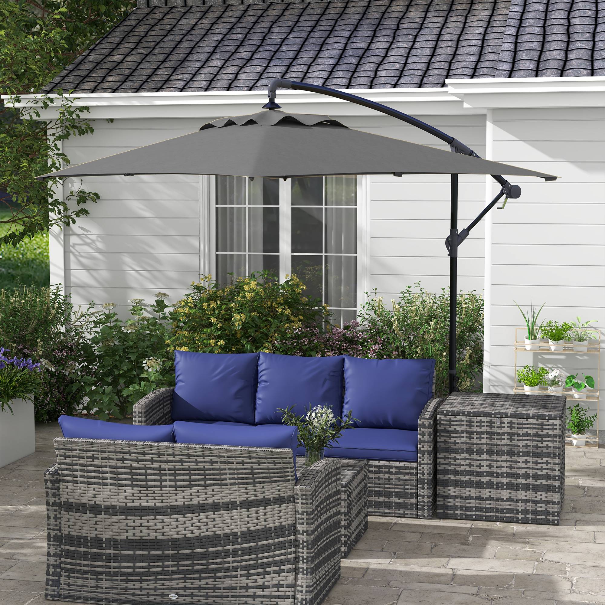 Parasol de jardin déporté avec base en croix et ouverture à manivelle, 294x193 cm, gris - Image 3