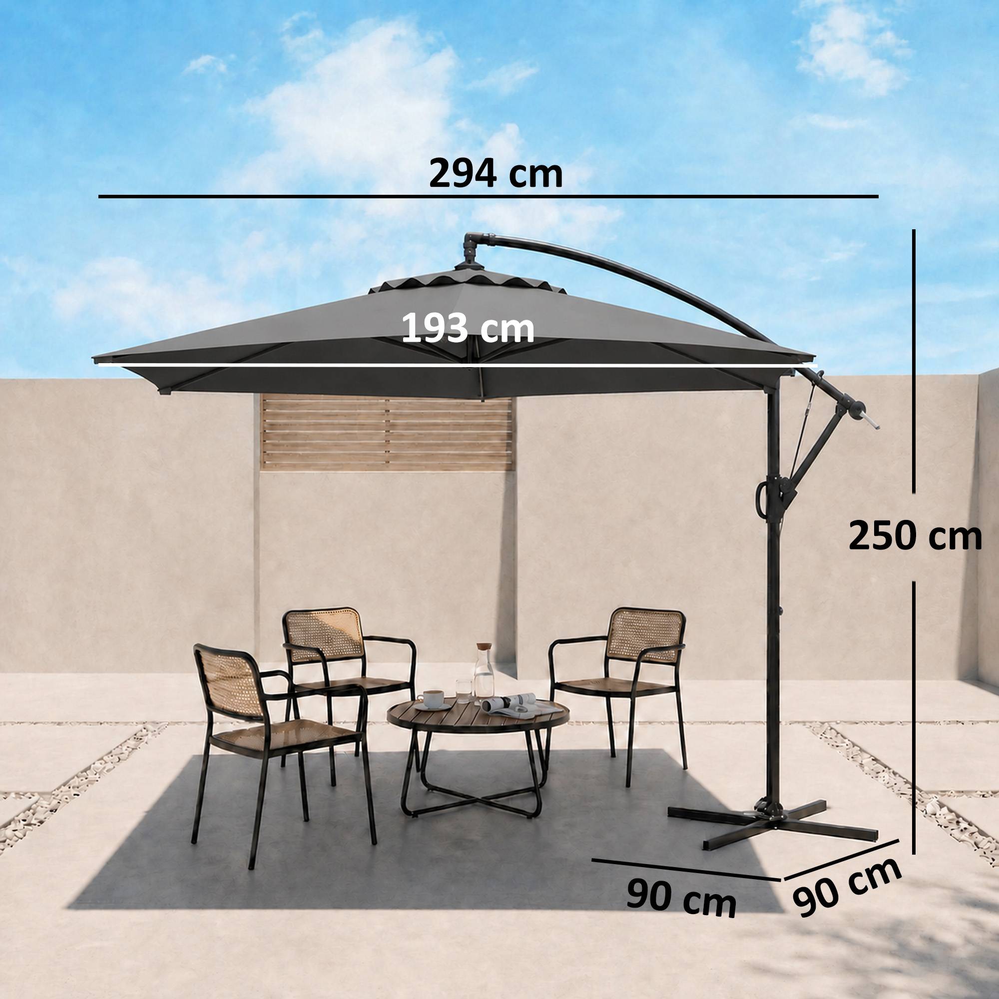 Parasol de jardin déporté avec base en croix et ouverture à manivelle, 294x193 cm, gris - Image 5