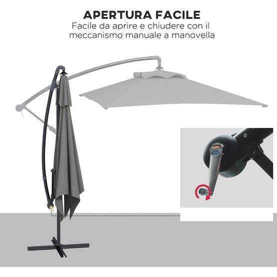 Parasol de jardin déporté avec base en croix et ouverture à manivelle, 294x193 cm, gris - Image 6