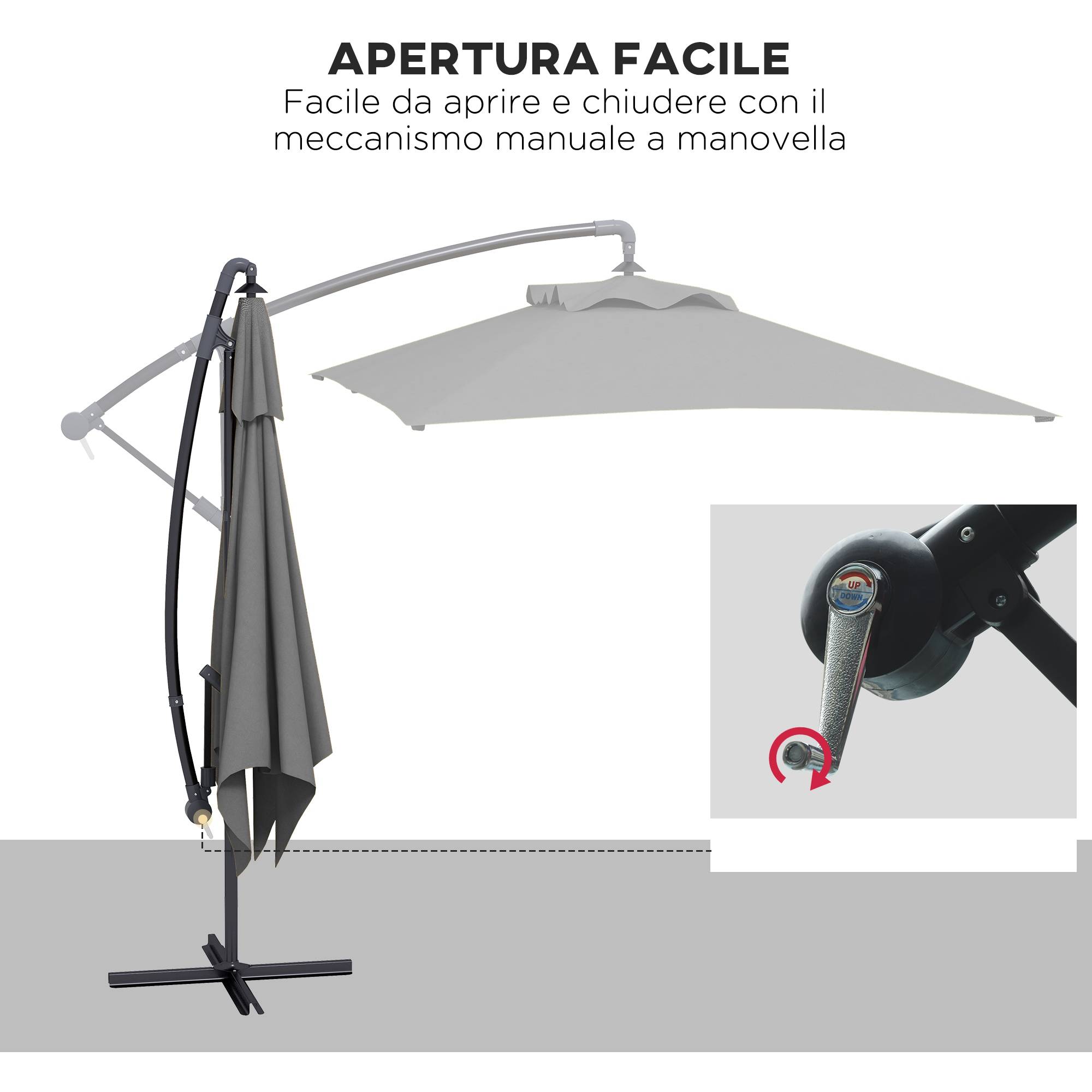 Parasol de jardin déporté avec base en croix et ouverture à manivelle, 294x193 cm, gris - Image 6