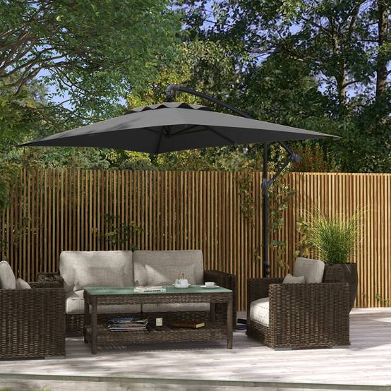 Parasol de jardin déporté avec base en croix et ouverture à manivelle, 294x193 cm, gris - Image 4