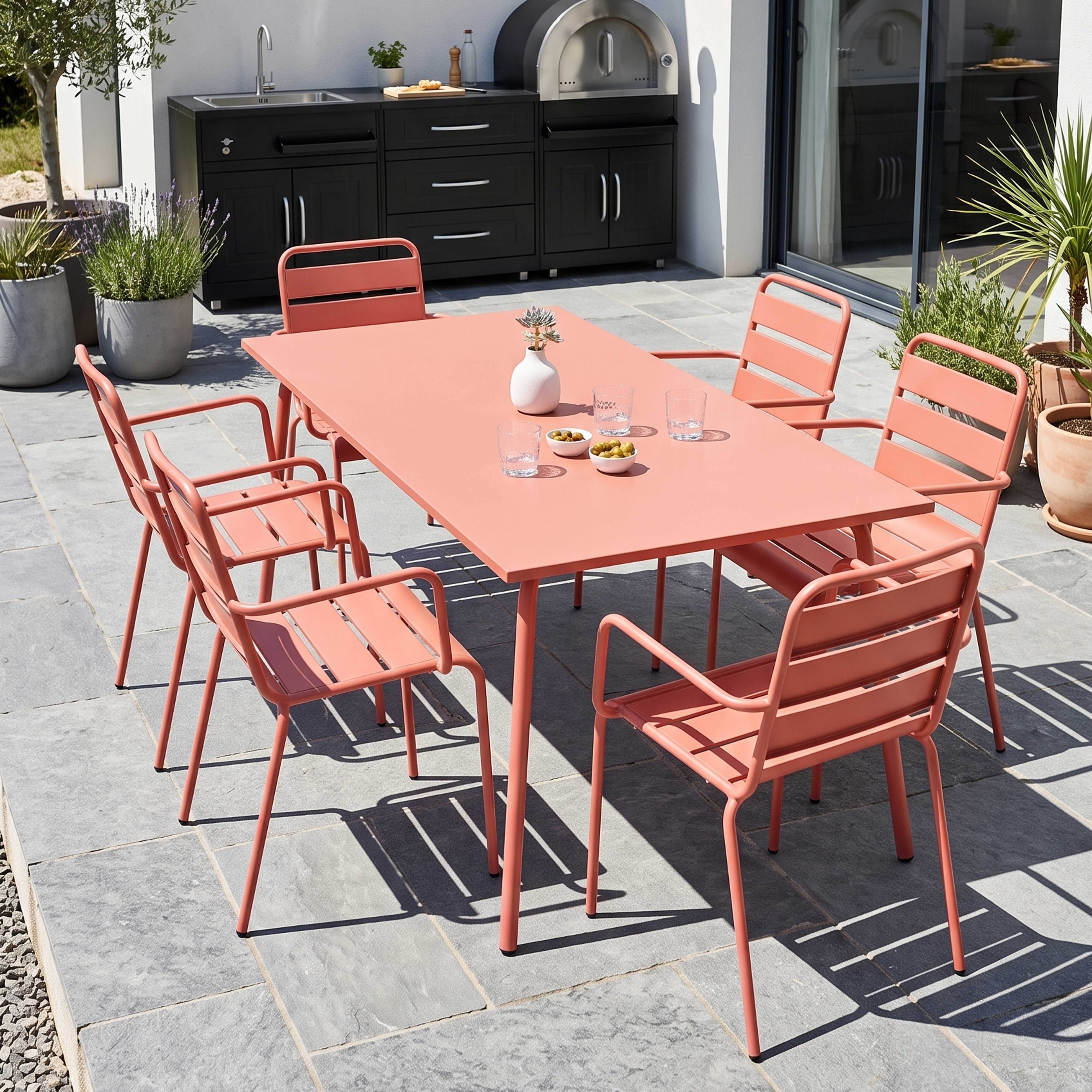 Oviala - Ensemble table de jardin et 6 fauteuils en métal argile Palavas - Oviala - Imagen 2