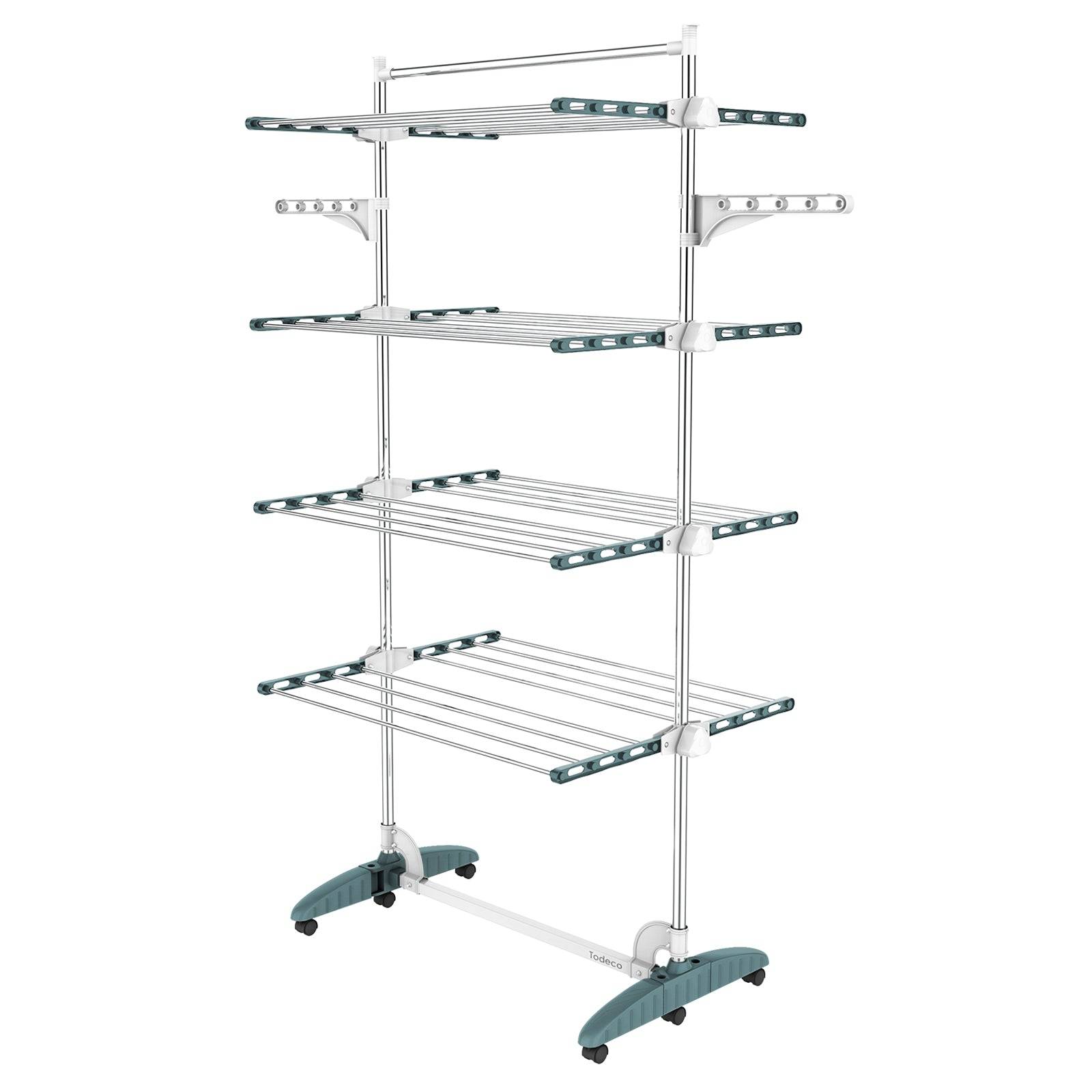 Todeco Séchoir à Linge Pliant à 4 Niveaux, Etendoir à Linge intérieur en Acier Inoxydable, avec Barre Supérieure, Ailes réglables en Hauteur, Sarcelle - Image 1
