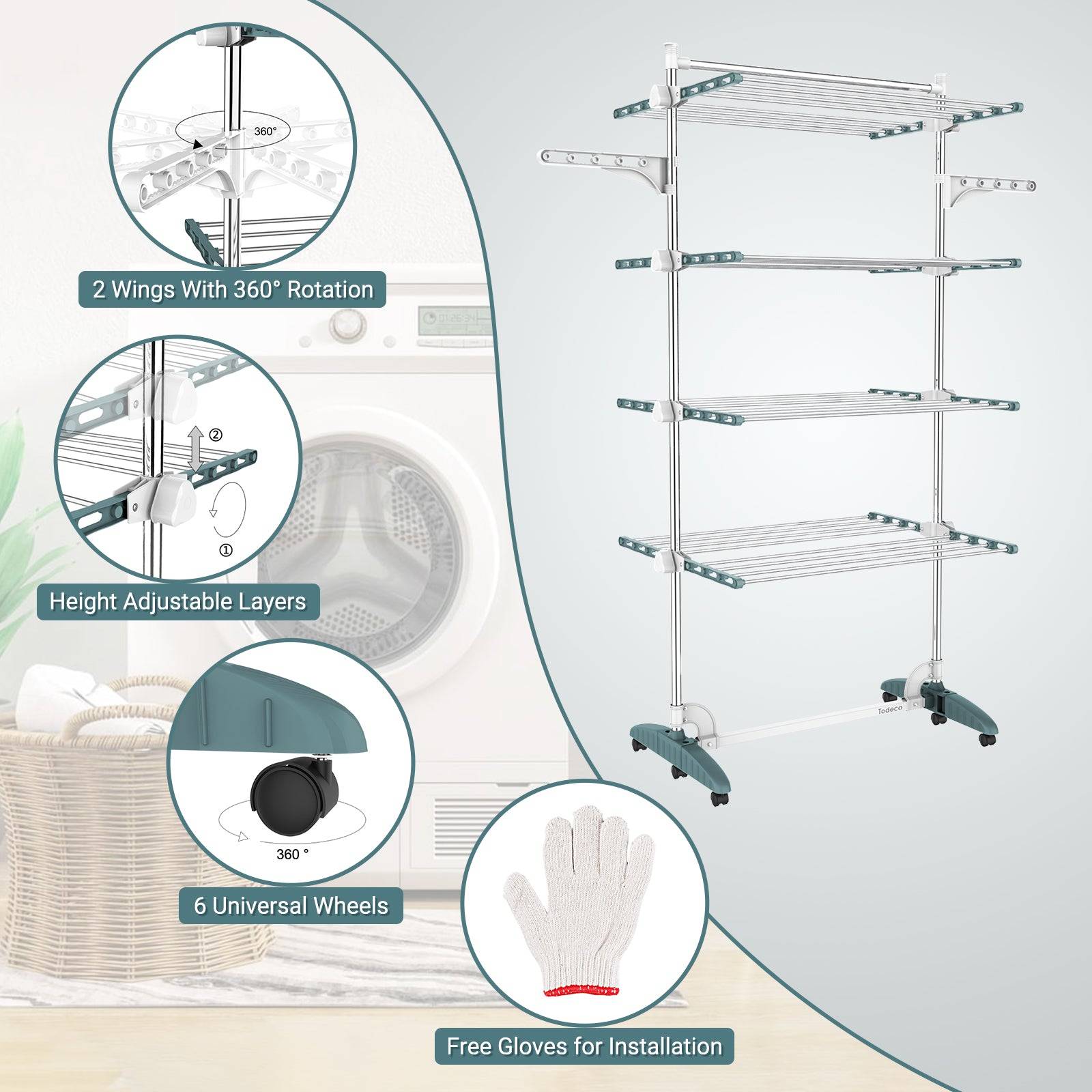 Todeco Séchoir à Linge Pliant à 4 Niveaux, Etendoir à Linge intérieur en Acier Inoxydable, avec Barre Supérieure, Ailes réglables en Hauteur, Sarcelle - Image 3