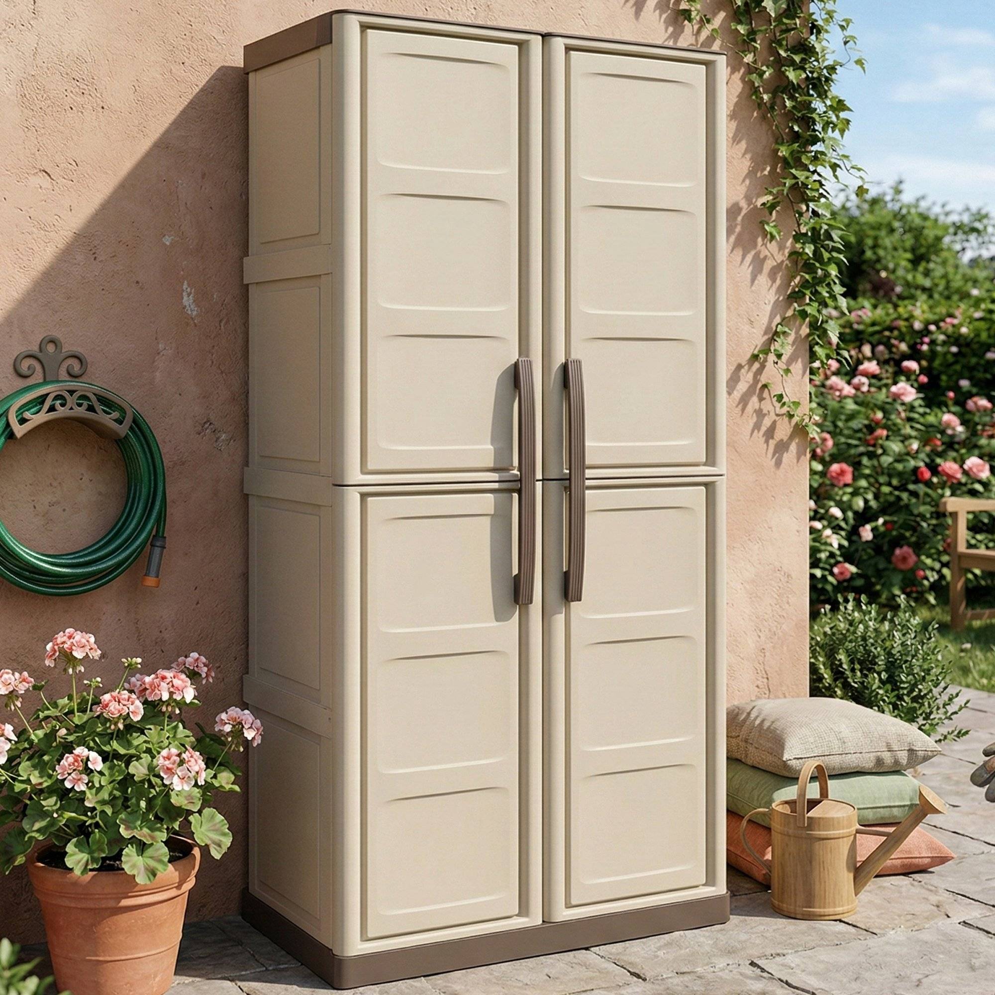 Dmora - Armoire d'extérieur Marchin, Armoire de balcon polyvalente, Armoire d'extérieur 2 portes, Beige et Marron, Finition Damier, 70x39h165 cm - Dmora - Imagen 2
