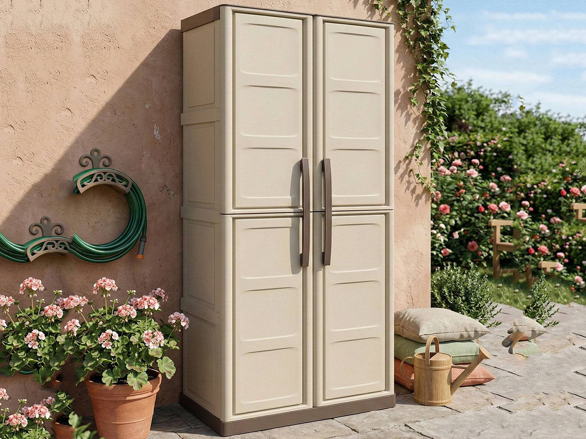 Dmora - Armoire d'extérieur Marchin, Armoire de balcon polyvalente, Armoire d'extérieur 2 portes, Beige et Marron, Finition Damier, 70x39h165 cm - Dmora - Imagen 6