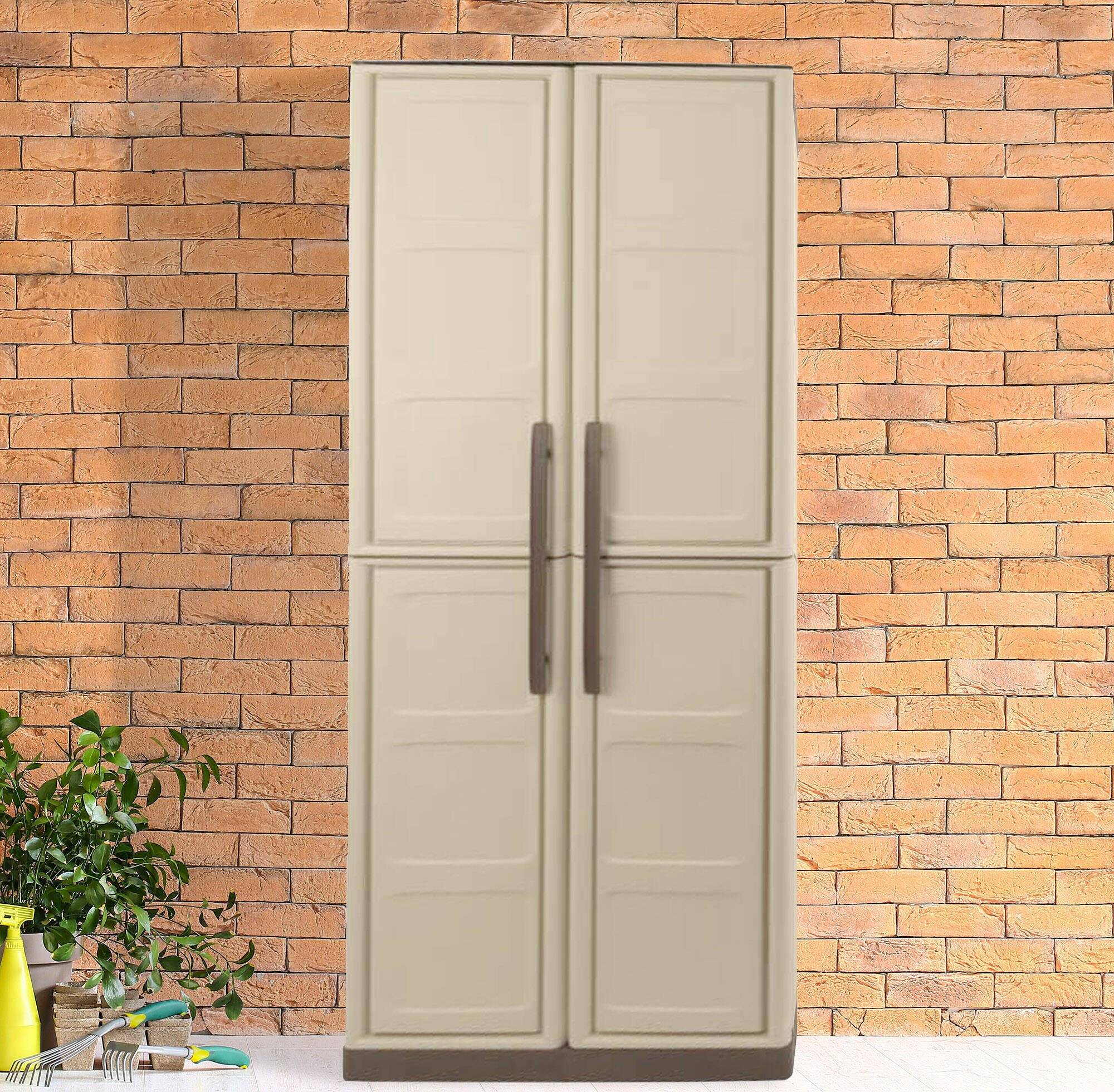 Dmora - Armoire d'extérieur Marchin, Armoire de balcon polyvalente, Armoire d'extérieur 2 portes, Beige et Marron, Finition Damier, 70x39h165 cm - Dmora - Image 2