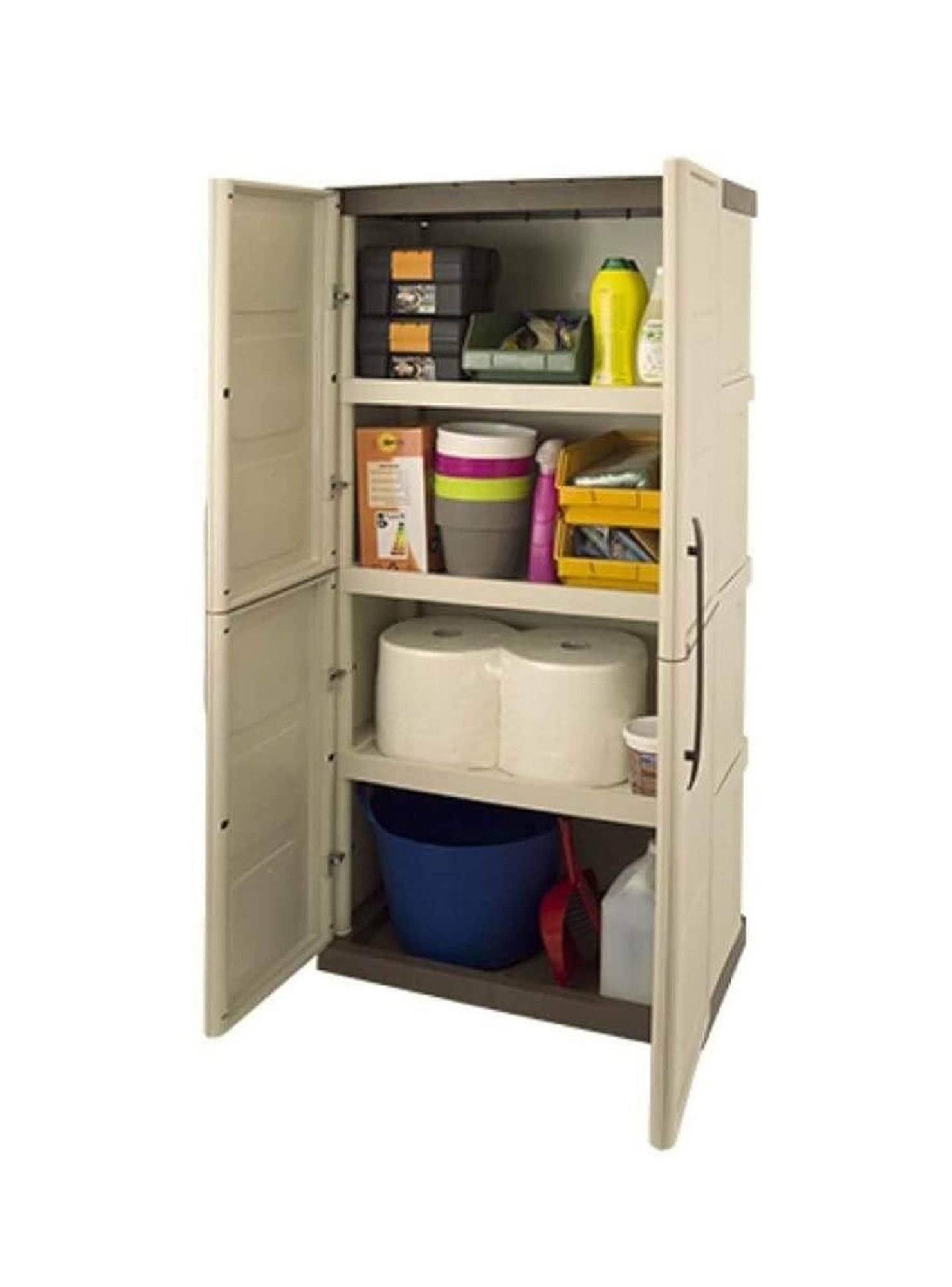 Dmora - Armoire d'extérieur Marchin, Armoire de balcon polyvalente, Armoire d'extérieur 2 portes, Beige et Marron, Finition Damier, 70x39h165 cm - Dmora - Imagen 4
