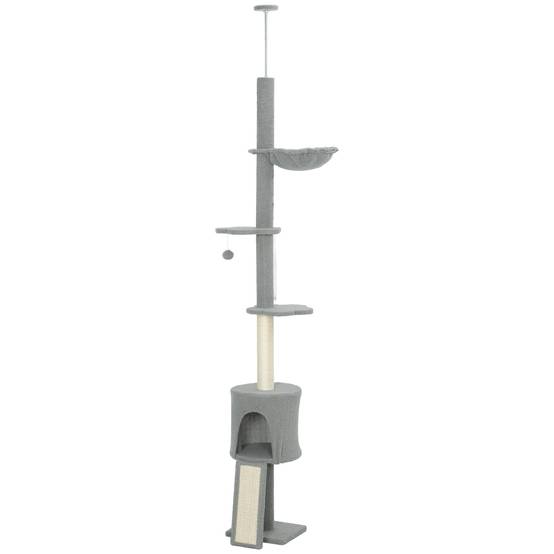 Arbre à chat du sol au plafond, hauteur réglable 220-240 cm, avec hamac, plateformes fleuries, niches, rampe, balle, gris clair - Image 2