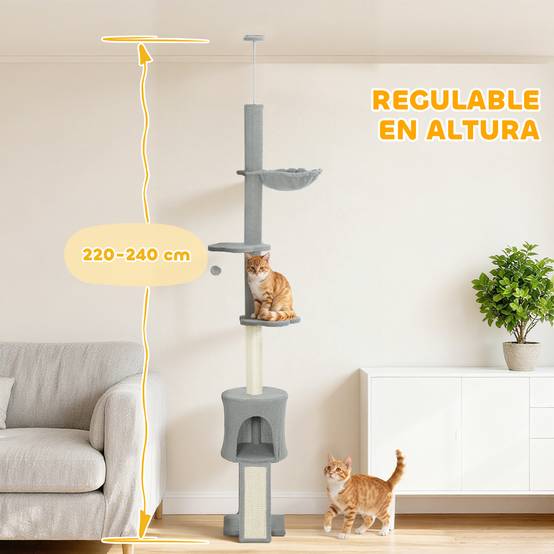 Arbre à chat du sol au plafond, hauteur réglable 220-240 cm, avec hamac, plateformes fleuries, niches, rampe, balle, gris clair - Image 6