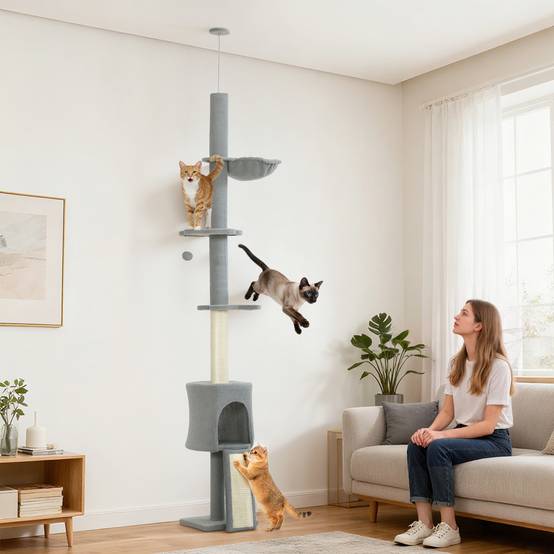 Arbre à chat du sol au plafond, hauteur réglable 220-240 cm, avec hamac, plateformes fleuries, niches, rampe, balle, gris clair - Image 4