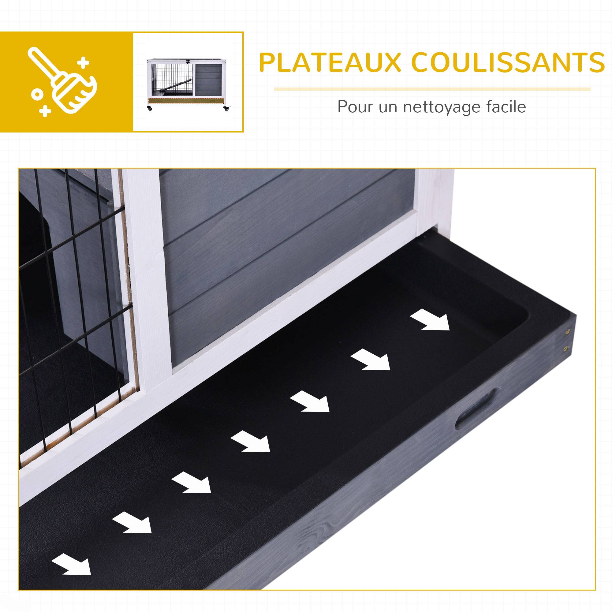Clapier intérieur pour lapins en bois, toit ouvrant, roulettes, plateau amovible, rampe, 90 x 53 x 59 cm, gris et blanc - Image 8
