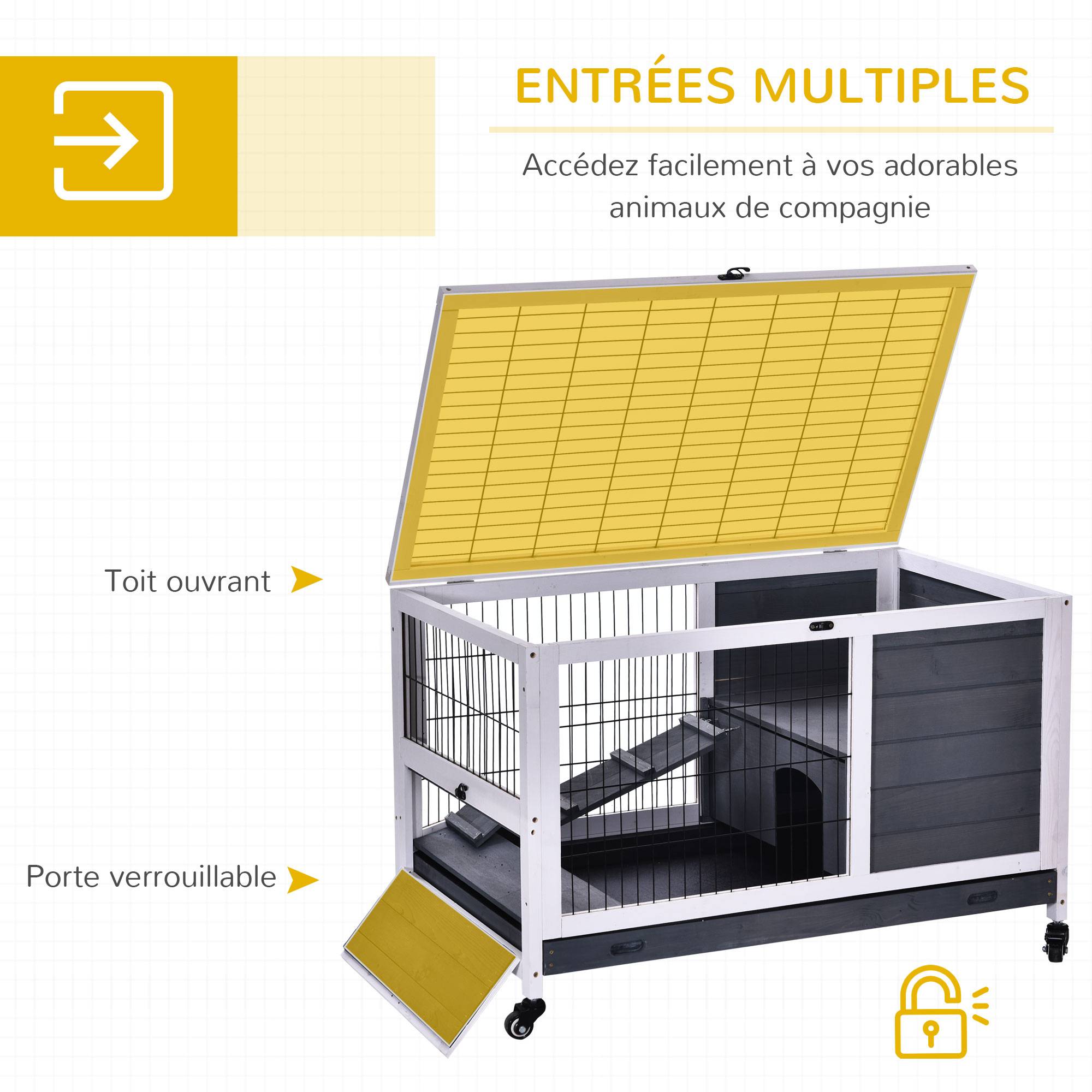 Clapier intérieur pour lapins en bois, toit ouvrant, roulettes, plateau amovible, rampe, 90 x 53 x 59 cm, gris et blanc - Image 7