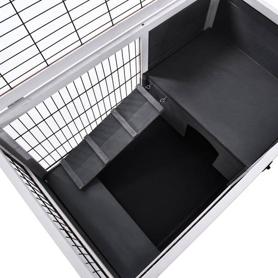 Clapier intérieur pour lapins en bois, toit ouvrant, roulettes, plateau amovible, rampe, 90 x 53 x 59 cm, gris et blanc - Image 10