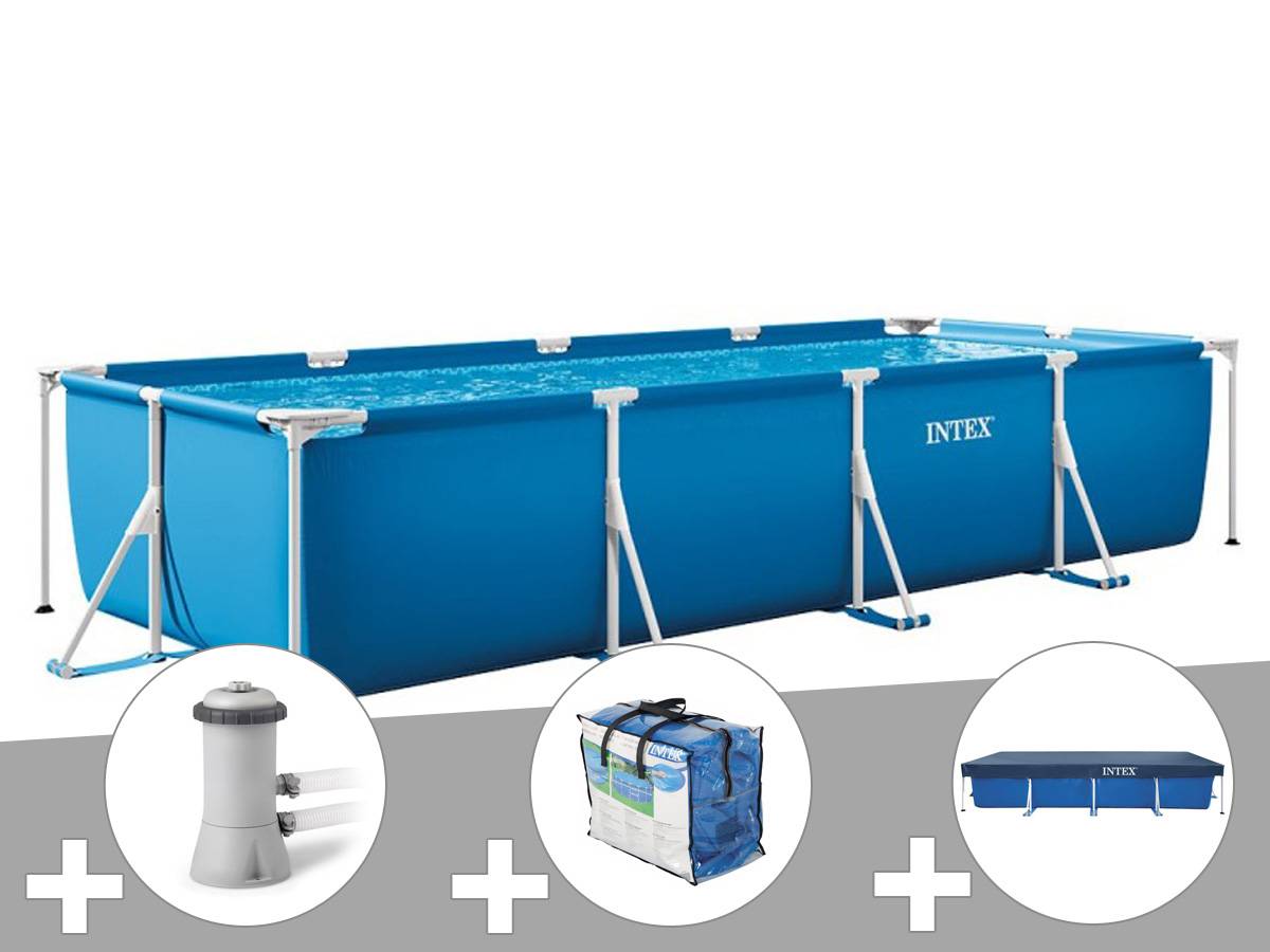 Kit piscine tubulaire rectangulaire Intex 4,50 x 2,20 x 0,84 m + Filtration à cartouche + Bâche de protection + Bâche à bulles - Imagen 1