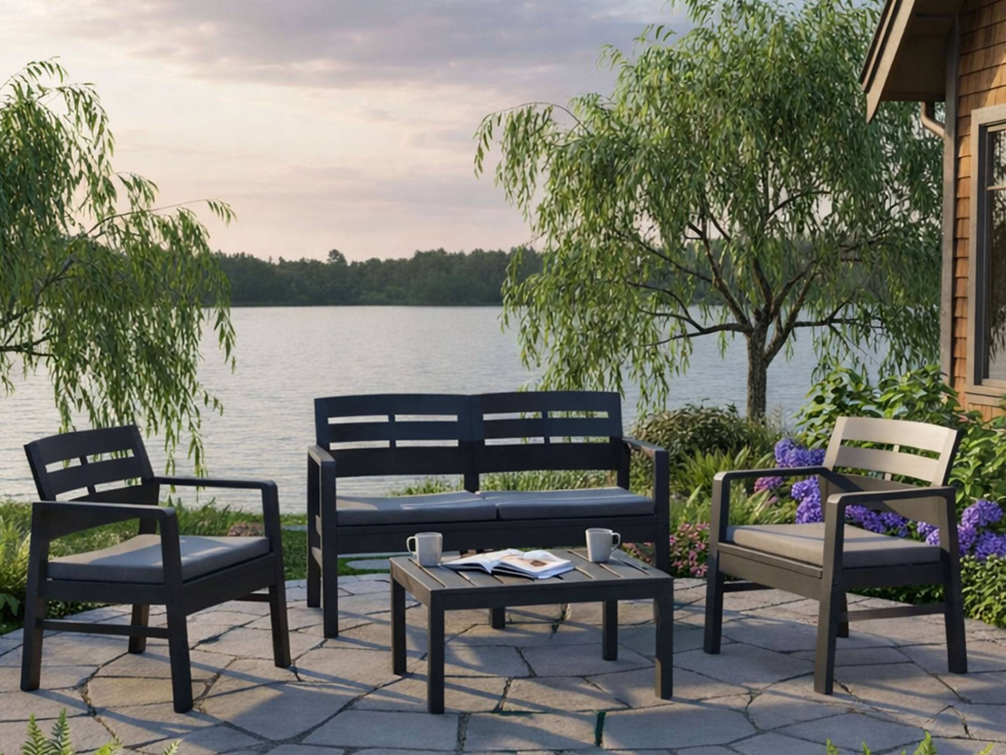 Dmora - Salon d'extérieur Massa, Composition de jardin avec 2 fauteuils, 1 canapé et 1 table basse avec coussins, Anthracite - Dmora - Imagen 4