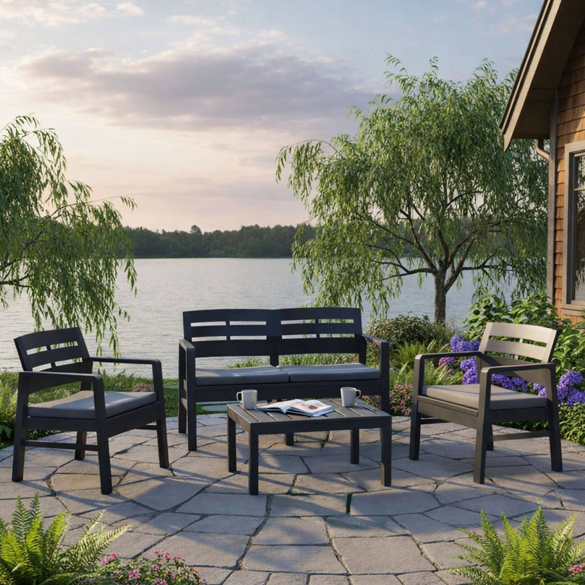 Dmora - Salon d'extérieur Massa, Composition de jardin avec 2 fauteuils, 1 canapé et 1 table basse avec coussins, Anthracite - Dmora - Imagen 2