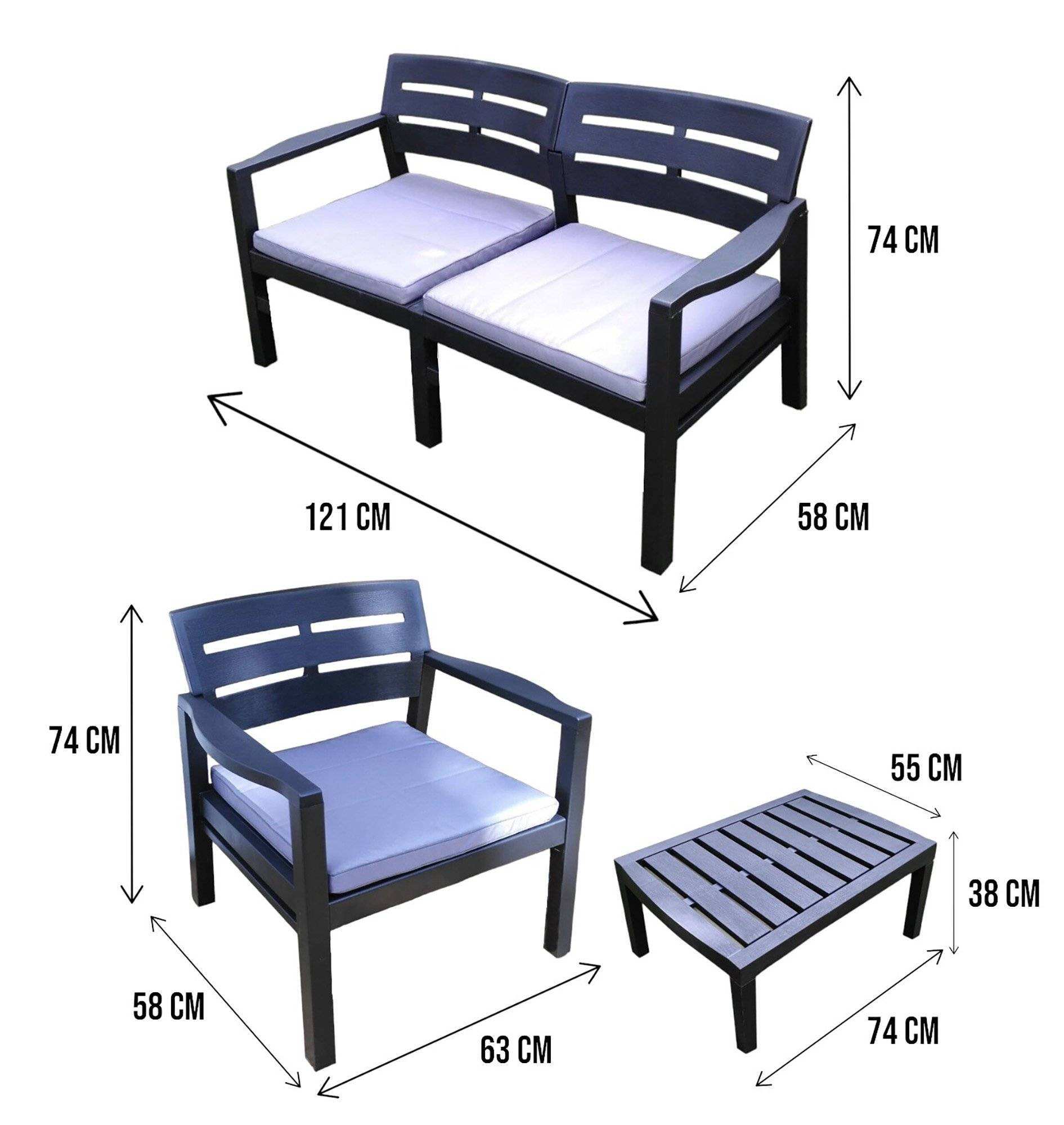 Dmora - Salon d'extérieur Massa, Composition de jardin avec 2 fauteuils, 1 canapé et 1 table basse avec coussins, Anthracite - Dmora - Imagen 3