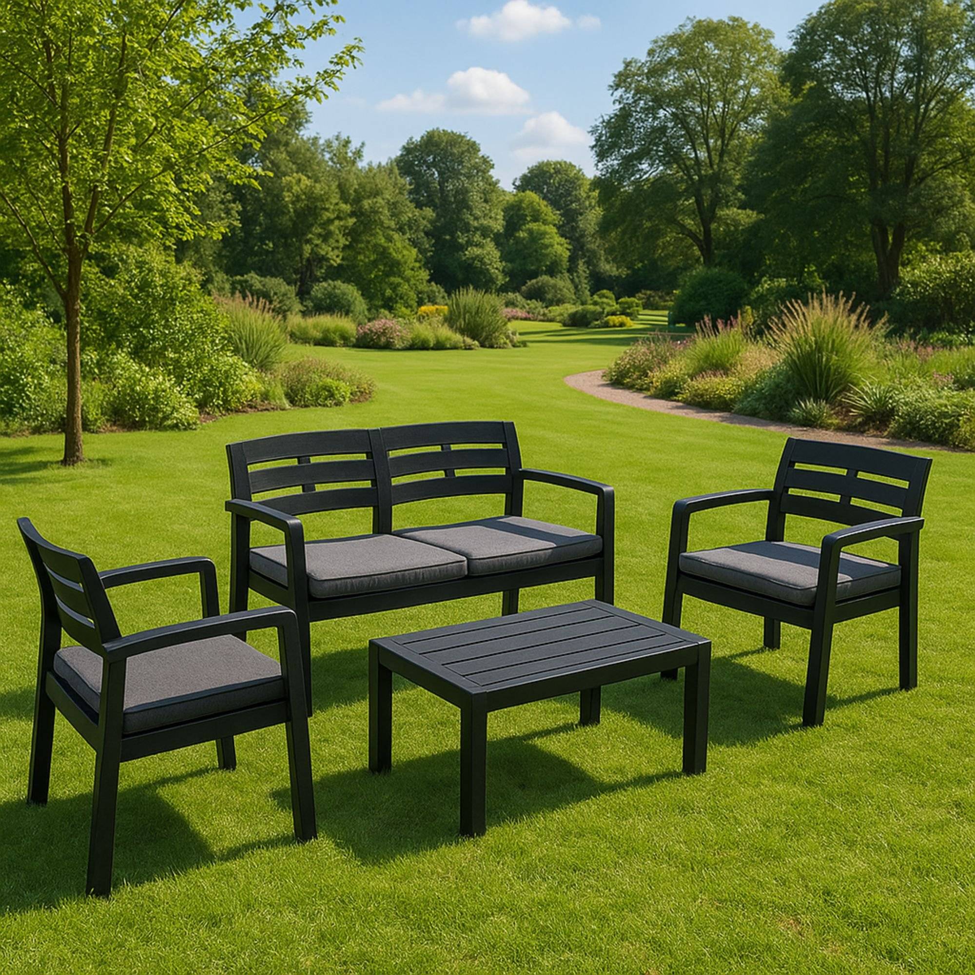 Dmora - Salon d'extérieur Massa, Composition de jardin avec 2 fauteuils, 1 canapé et 1 table basse avec coussins, Anthracite - Dmora - Imagen 5