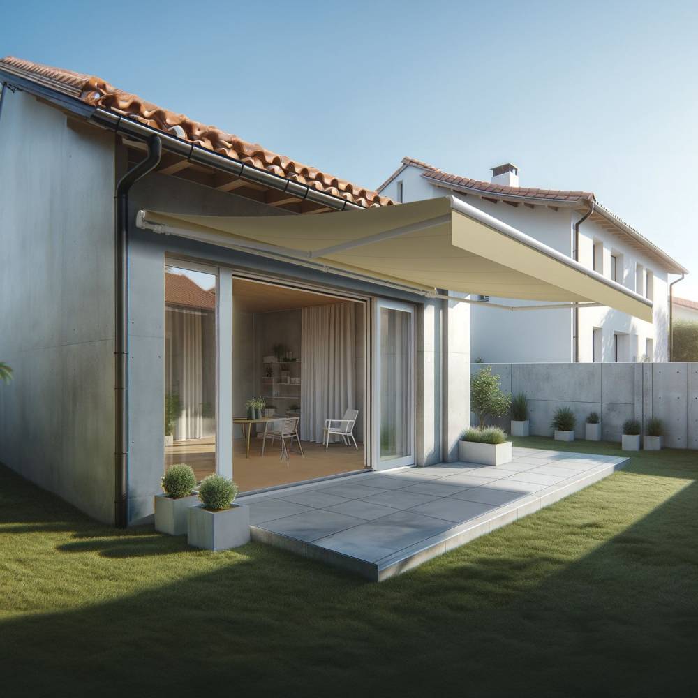 Store banne monobloc ESPAI 6,00x3,50m (Manuelle - Ecru - Blanc) - Alia Productions - Imagen 1