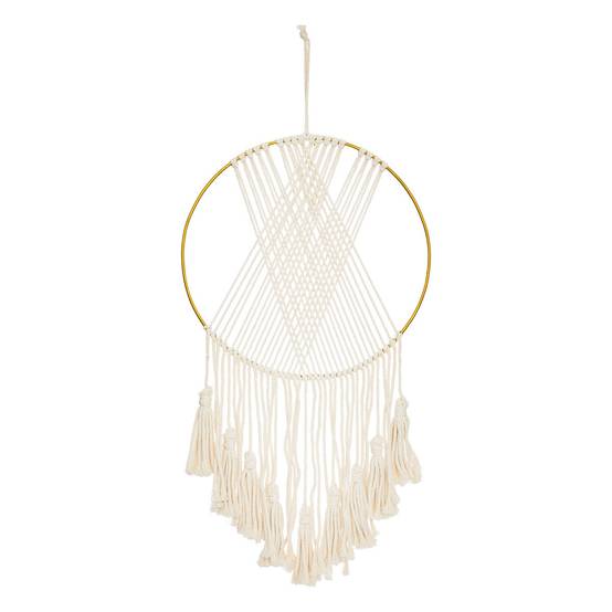 Déco murale en macramé blanc et métal doré 36 x 77 cm - Image 1