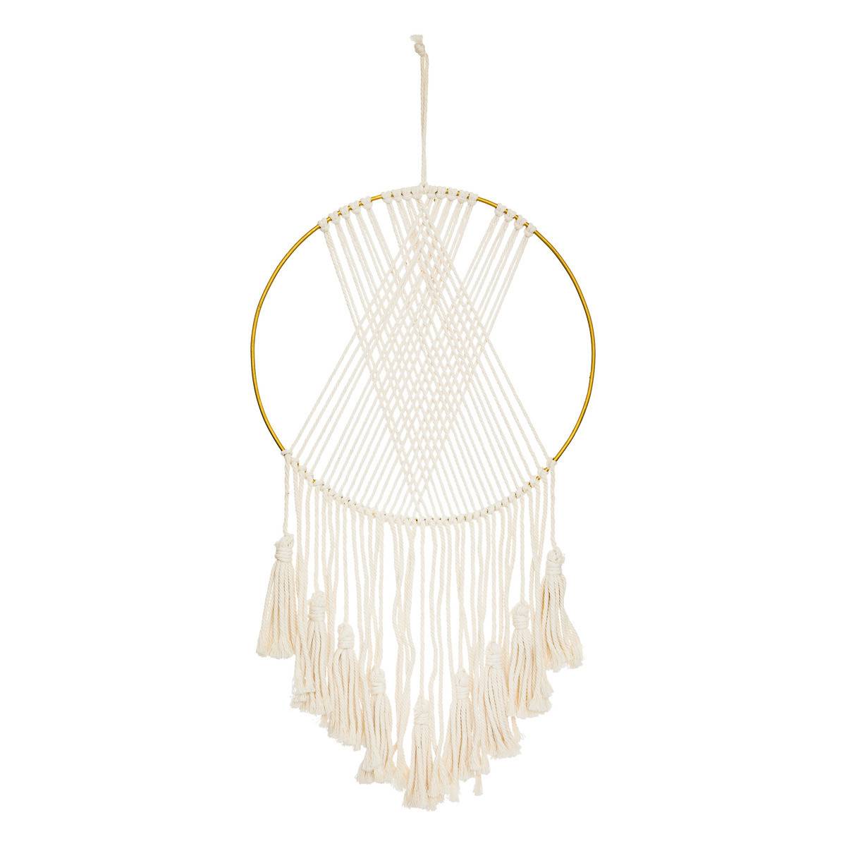 Déco murale en macramé blanc et métal doré 36 x 77 cm - Image 1
