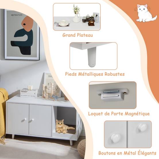 Maison de Toilette pour Chats 90 x 50 x 50 cm Meuble Literie Chat avec 2 Portes avec Planche à Gratter Blanc - Image 6