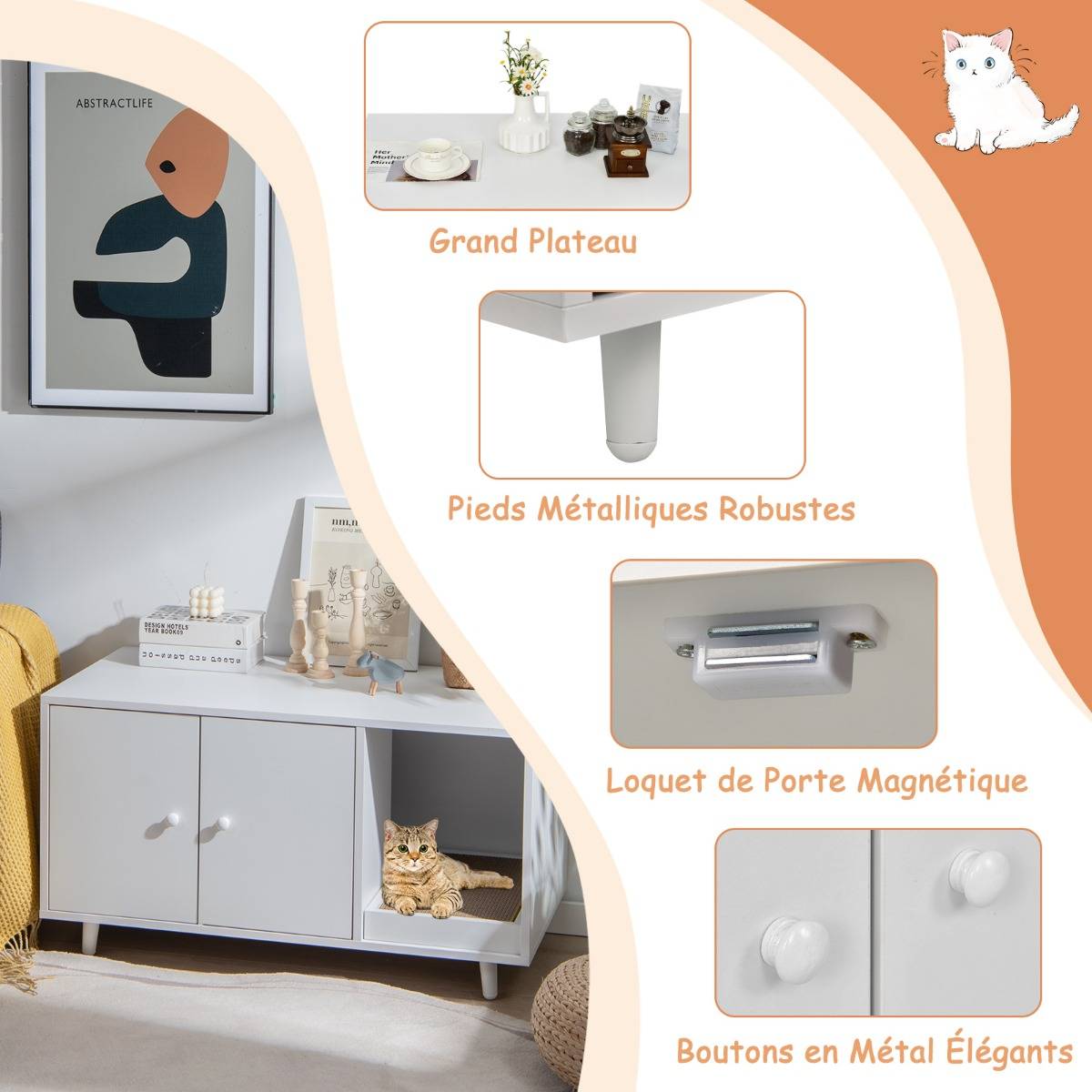Maison de Toilette pour Chats 90 x 50 x 50 cm Meuble Literie Chat avec 2 Portes avec Planche à Gratter Blanc - Image 6
