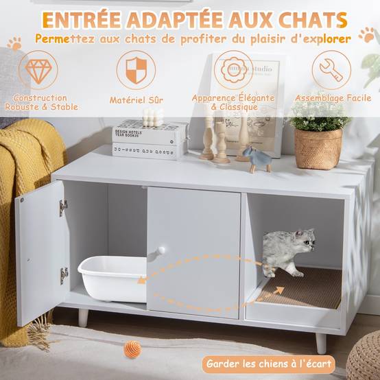 Maison de Toilette pour Chats 90 x 50 x 50 cm Meuble Literie Chat avec 2 Portes avec Planche à Gratter Blanc - Image 9