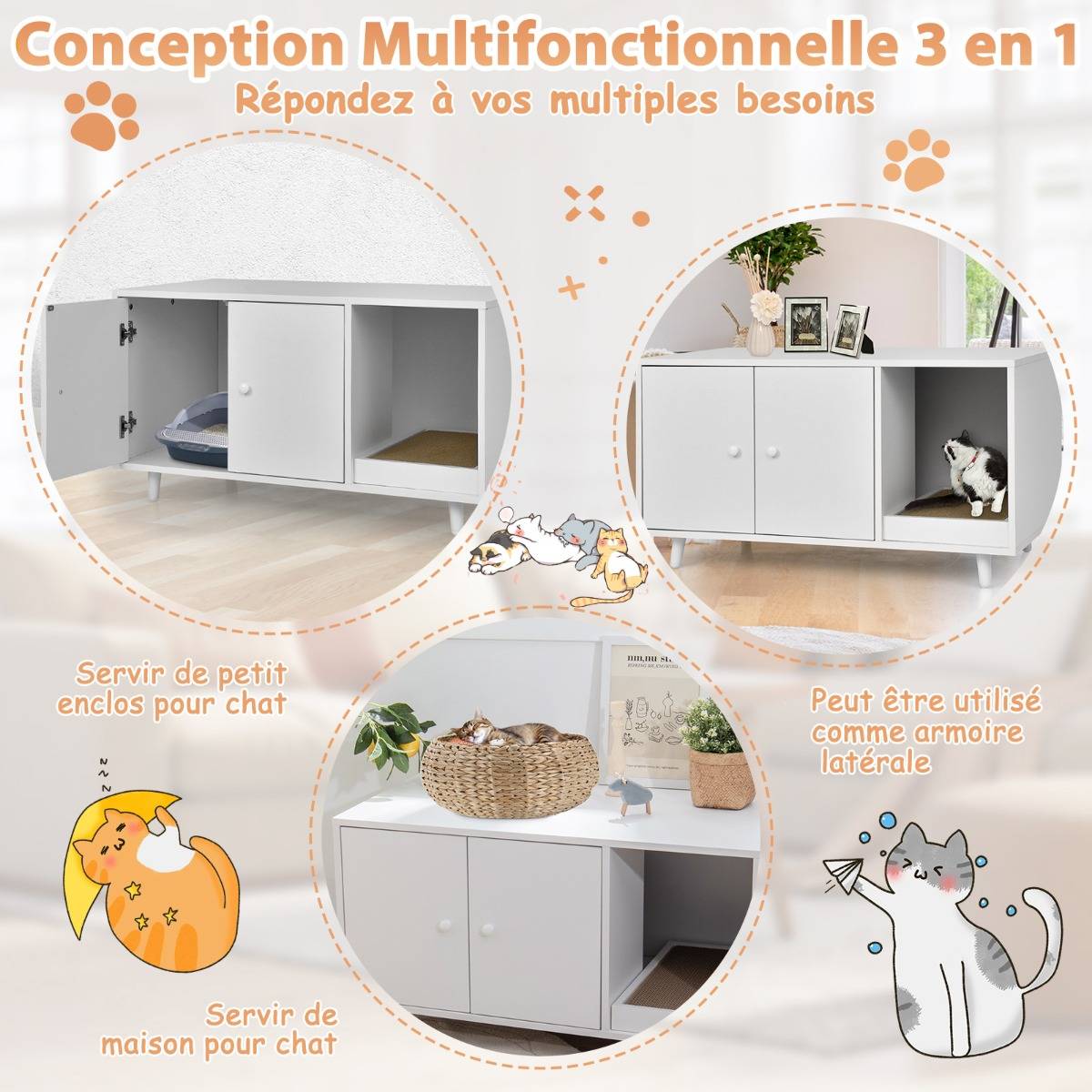 Maison de Toilette pour Chats 90 x 50 x 50 cm Meuble Literie Chat avec 2 Portes avec Planche à Gratter Blanc - Image 8
