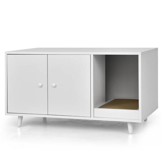 Maison de Toilette pour Chats 90 x 50 x 50 cm Meuble Literie Chat avec 2 Portes avec Planche à Gratter Blanc - Image 1