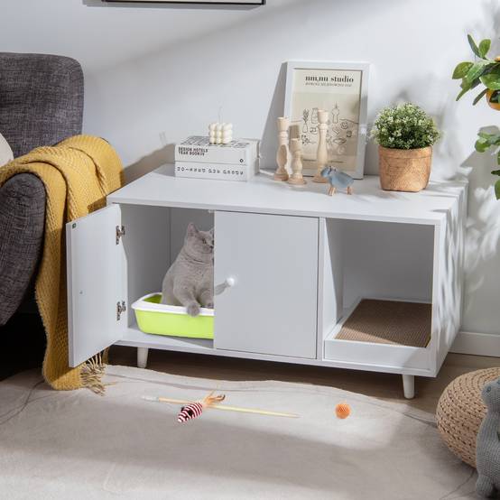 Maison de Toilette pour Chats 90 x 50 x 50 cm Meuble Literie Chat avec 2 Portes avec Planche à Gratter Blanc - Image 2
